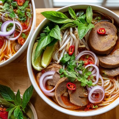 A close-up of vibrant Bun Bo Hue, garnished with fresh herbs, lime wedges, and spicy chili oil.