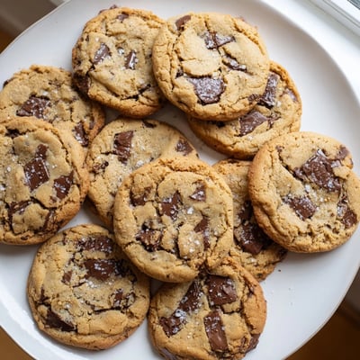 Freshly baked Miso Chocolate Chip Cookies stacked on a plate, showcasing chewy centers and crispy edges next to a glass of milk.