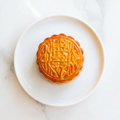 Freshly baked mooncake with a delicate crust rests on a wooden board, ready for Mid-Autumn Festival celebration.