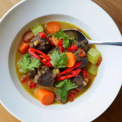 This flavorful Cambodian Rib Ragu features fall-off-the-bone beef ribs in a fragrant, tomato-based sauce, garnished with fresh cilantro for a bright finishing touch.