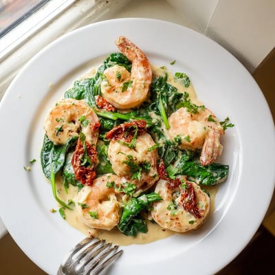 Plump pink shrimp tossed with sun-dried tomatoes in a velvety cream sauce, a stunning keto creamy Tuscan shrimp platter.