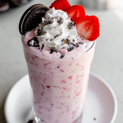 Two glasses of creamy strawberry Oreo milkshake garnished with crushed cookies