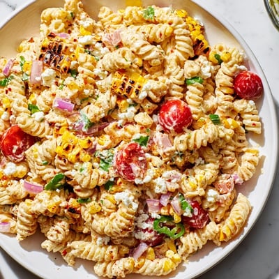 Charred corn and vibrant tomatoes tossed in a creamy elote pasta salad dressing