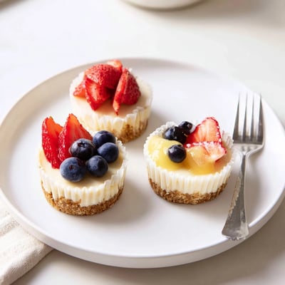 Creamy mini cheesecakes drizzled with caramel sauce on a rustic serving platter