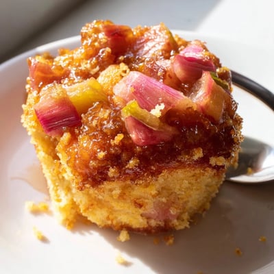 Tender upside down rhubarb muffins showing glistening sweet-tart topping fresh from the oven