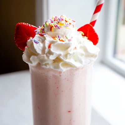 Thick strawberry milkshake served with fresh berry slices and a straw
